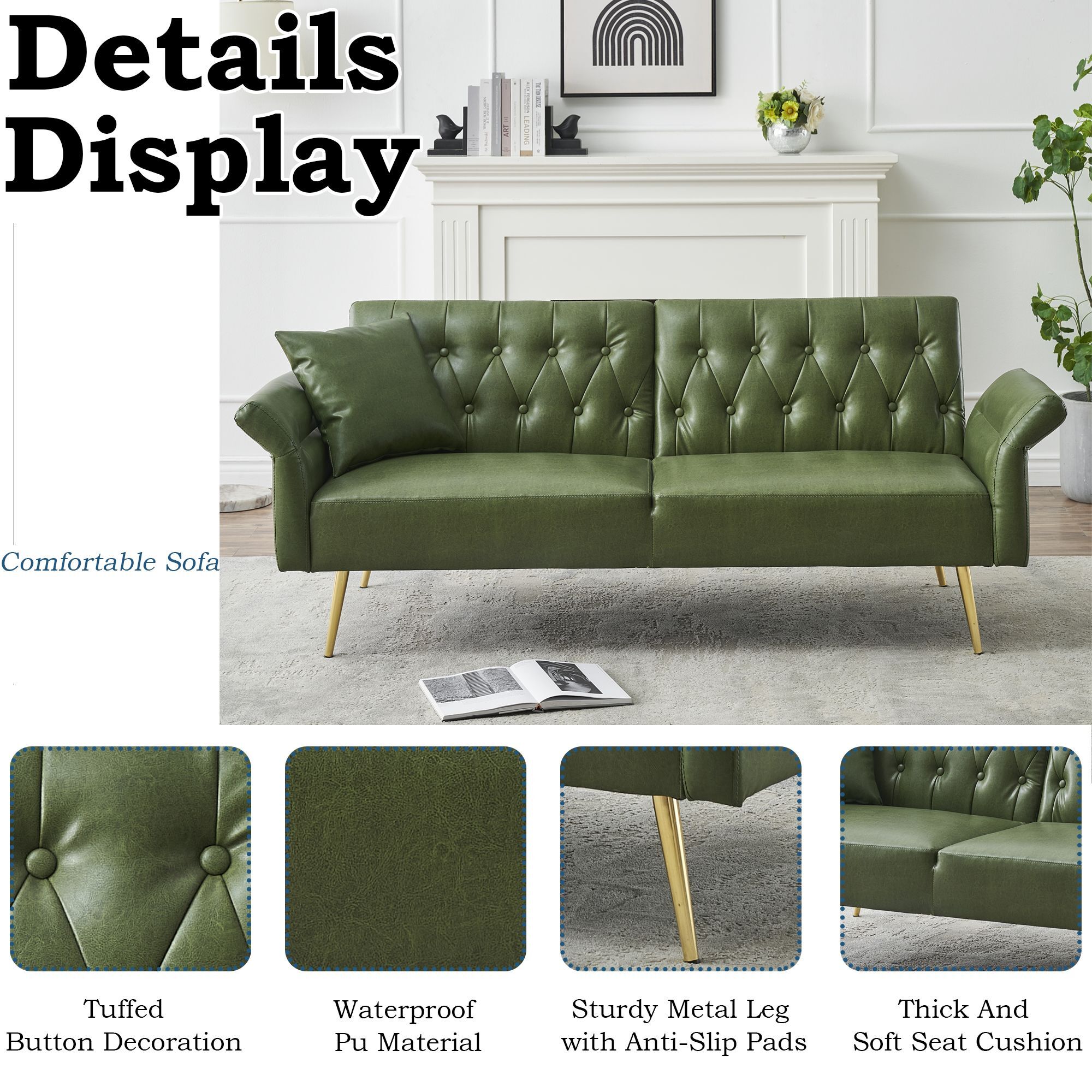 DEALTOPS Convertible Futon Sofa Bed, Faux Leather Loveseat Couch with Adjustable Armrests and backrests, Green