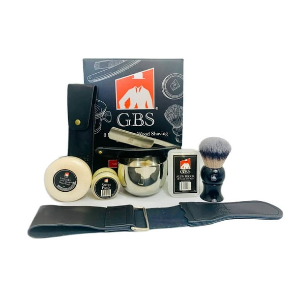G.B.S Kit de afeitado húmedo para hombre, maquinilla de afeitar de acero inoxidable, mango de madera con estuche, cepillo de pelo de tejón sintético, jabón de afeitar natural, cuenco de afeitar crom