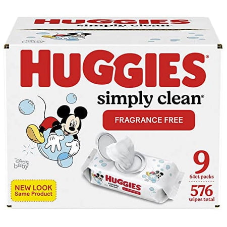 Huggies Simply Clean Unscented Baby Wipes, 9 Flip-Top Packs (576 Wipes Total),64 Count (Pack of 9)