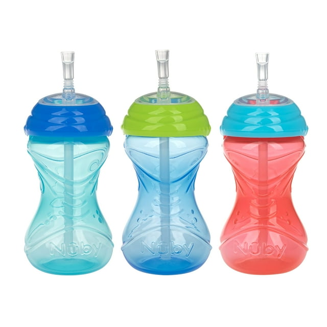 Cup Nuby, antiderrames, fácil de agarrar, con pajita flexible, 300 ml, 3 unidades, para niños de 1 año o más