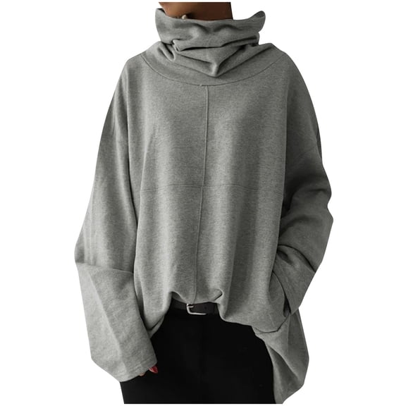 XFLWAM Women Long Sleeve High Neck Sweatshirt Solid Color Casual Loose Turtleneck Pullover Tops Fall Blouse Gray S