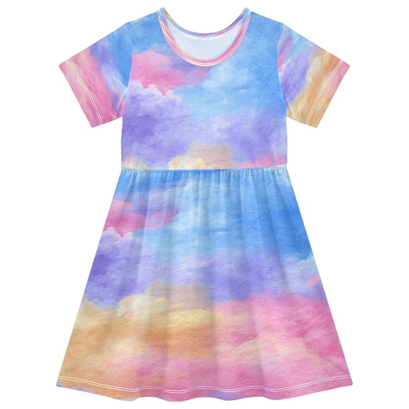 Girls Short Sleeve A-Line Dress Tie-dye Clouds Pattern Play Dress Sizes 2T