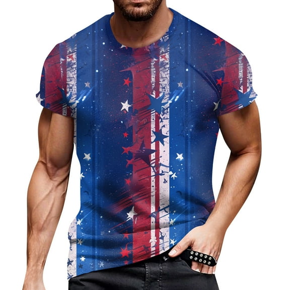 Men's Patriotic 3D All-Over Print T-Shirt, Lightweight Loose Fit for Festive Events and Beach Outings ,Blue L