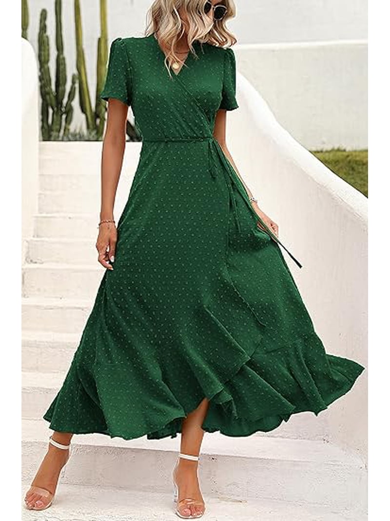 Prettygarden Women's Summer Maxi Dress Casual Wrap Floral Boho Short Sleeve V Neck Split Ruffle Beach Long Dresses, Size: Small, Green