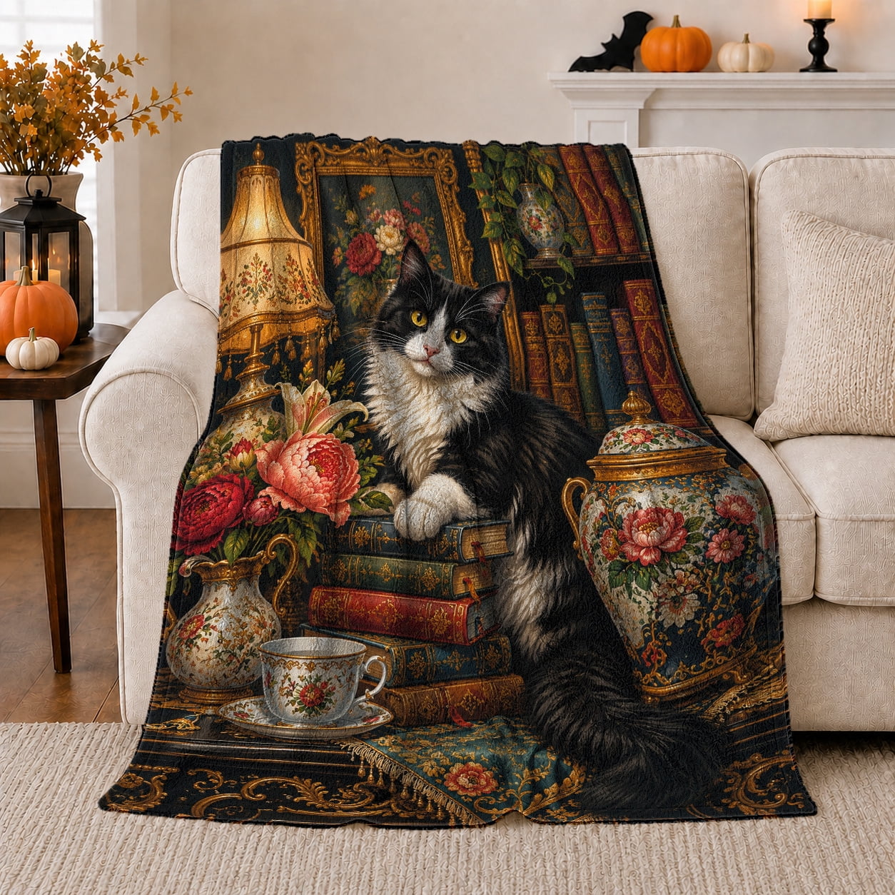 Black and White Cat on Stacked Books with Flowers Victorian Tea Art Soft Flannel Blanket Home Decor for Cat Lovers Home Library and Reading Nook Housewarming Gift Antique Floral Scene