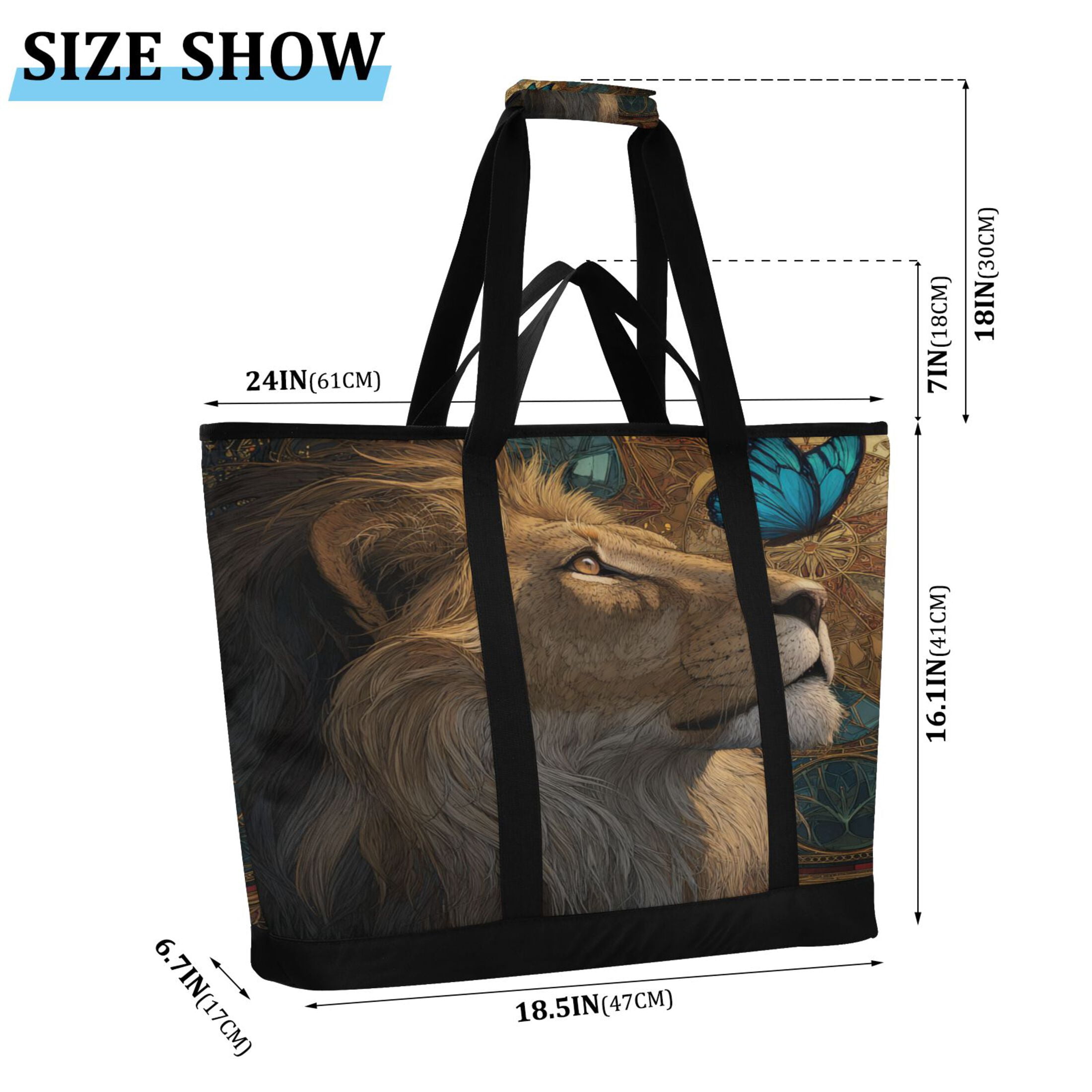 Extra-Large Wide Opening Design Capacity Hand-Held Ice Pack Thickened Insulation Layer For Long-Lasting Cold Retention For Outdoor Shopping Picnics And Camping Majestic Lion and A Butterfly