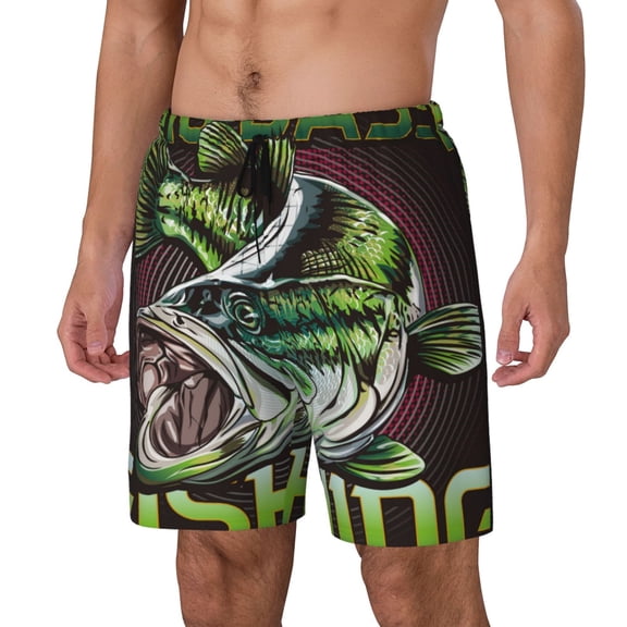 Naloa Big Bass Fish Print Men Swim Trunks with Compression Liner ,Board Shorts,Men's Swim Shorts with Drawstring and Elastic Waistband-Small