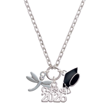 Delight Jewelry Silver-tone Small Dragonfly with Crystal - Class of 2026 Graduation Zoey Charm Necklace, 28"