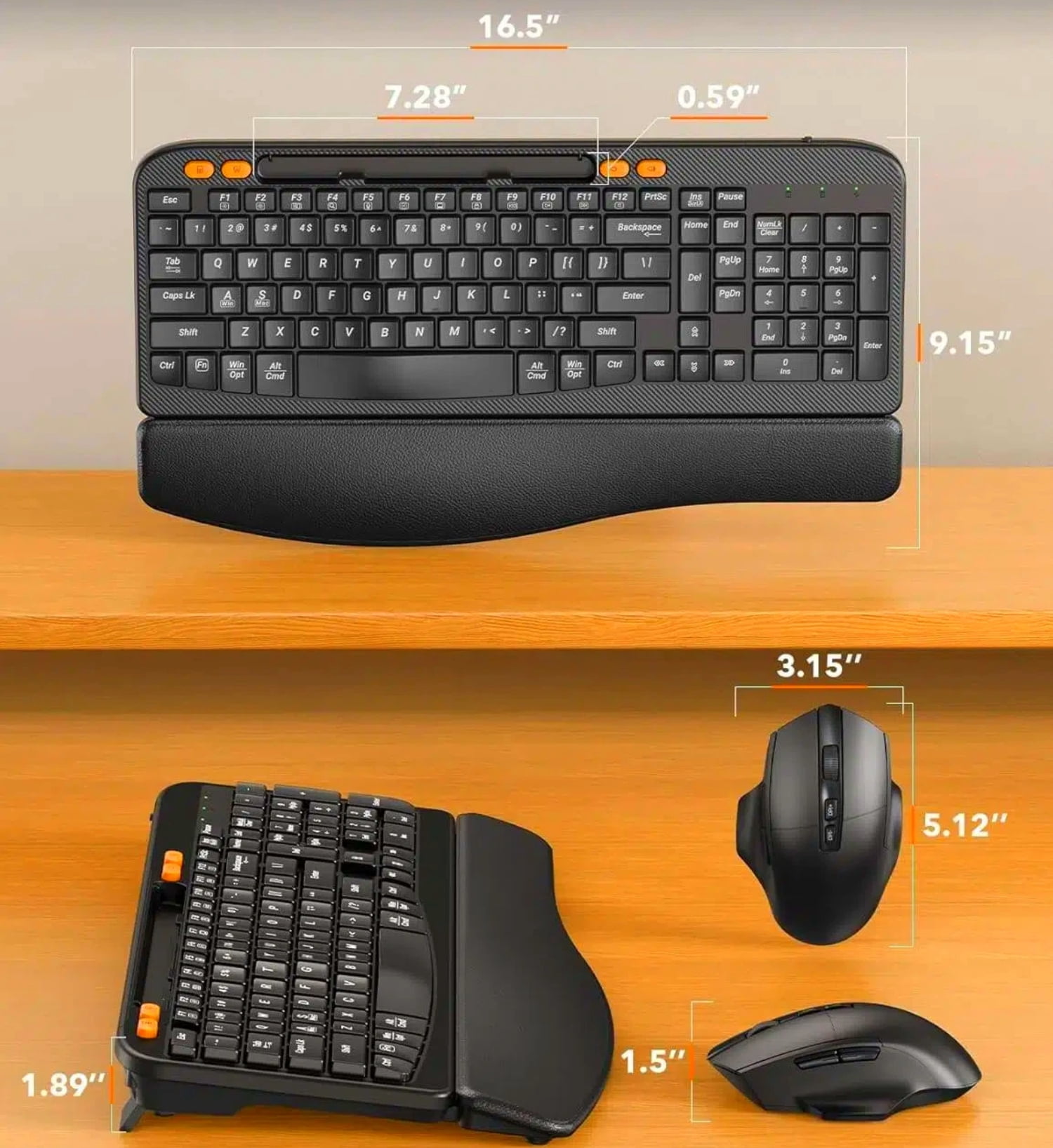 Ergonomic Wireless Keyboard & Mouse Combo - Rechargeable Type-C, Cushioned Wrist Rest, 7.28” Phone Holder, Silent Mouse, 2.4G Lag-Free for Windows/Mac