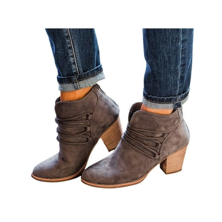 

SIMANLAN Ladies Booties V Cut Ankle Boots Zipper Block Heels Bootie Office Comfort Short Boot Walking Chunky Heel Gray 5.5