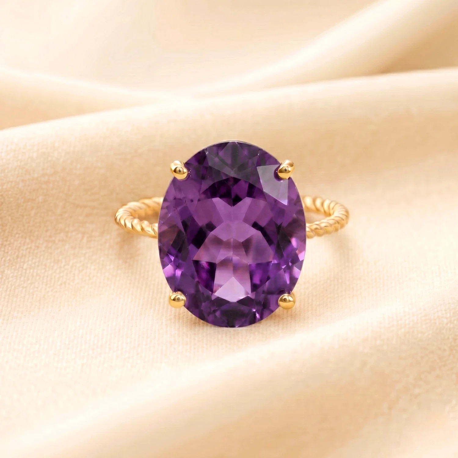 Tilo Jewelry 14K Yellow Gold 6 Carat Amethyst Solitaire Oval Engagement Band Ring with Twist Rope Design | Size 5 | Natural Gemstone Statement Ring for Women & Unisex