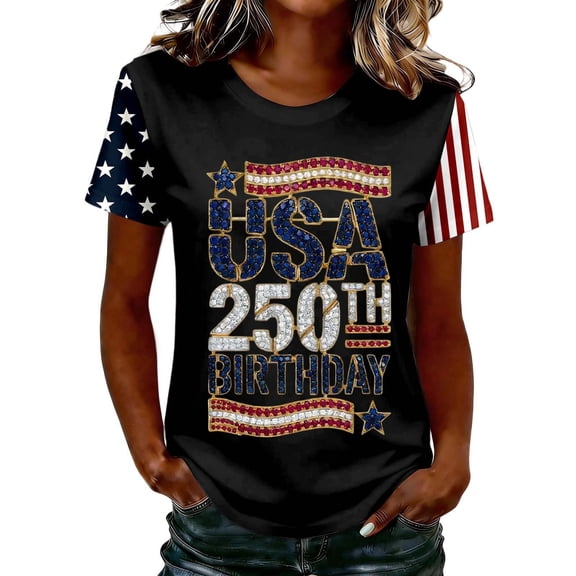 Women's American Flag Print T Shirts 4th of July Patriotic Independence Day Crew Neck Short Sleeve Tops Summer Casual Pullover Tees