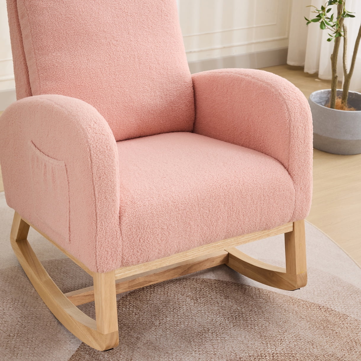 Sherpa Rocking Chair for Nursery with High Back and Side Pocket, 27.2 Inch Glider Accent Armchair with Rubber Wood Legs for Living Room or Bedroom, Pink