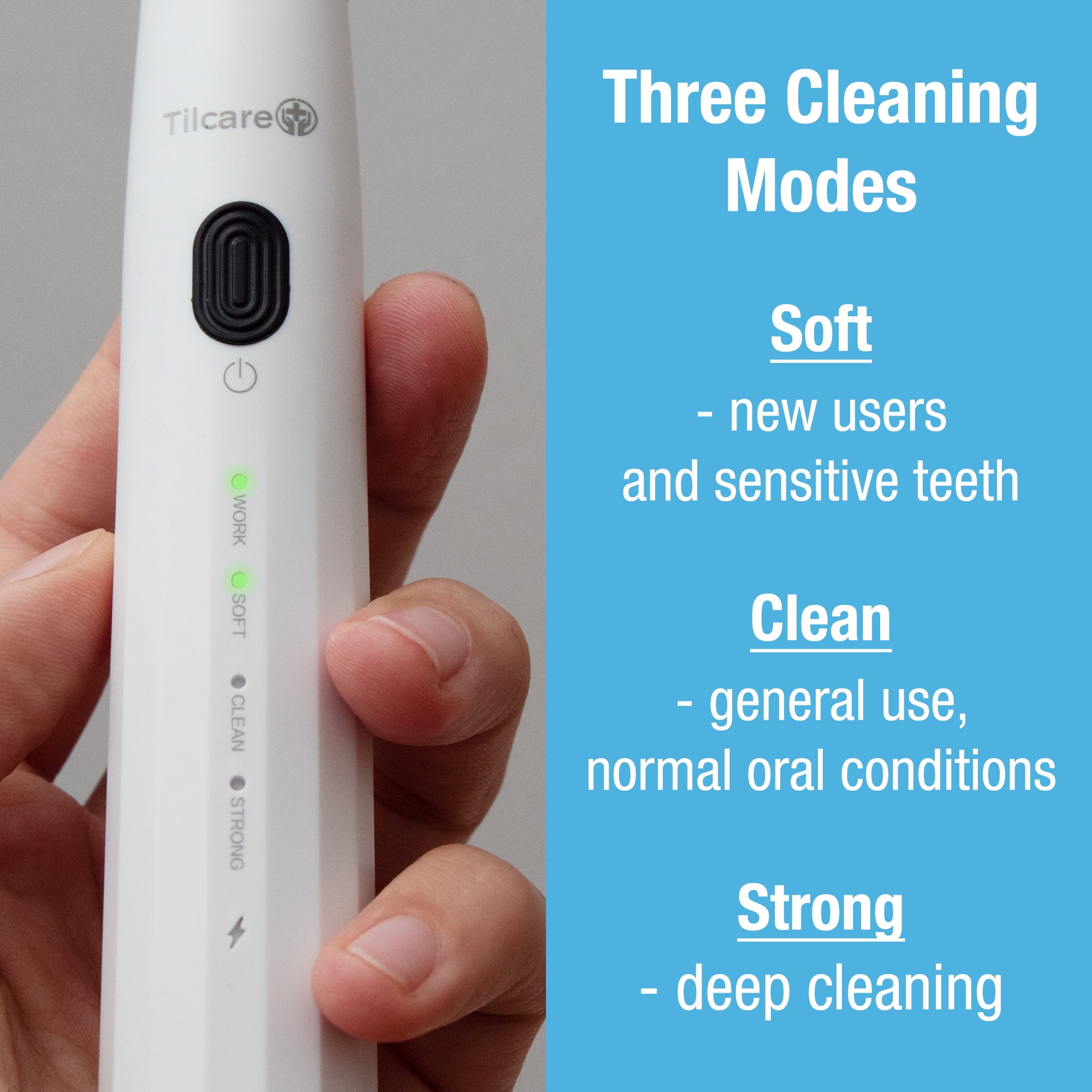 Tilcare Ultrasonic Dental Cleaner Kit - Electric Teeth Cleaning Kit for Stain Removal 4 Replacement Heads, Mirror and Tongue Scraper - Rechargeable with 3 Modes