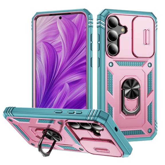 for Samsung S25 FE Case,With Slide Camera Cover,Metal Kickstand Holder Heavy Duty Shockproof Phone Cover For Galaxy S25 FE 6.7"(Pink/Green)