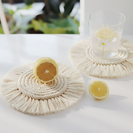 

4Pcs Macrame Coaster 7.7 Inch Cotton Round Drink Coaster with Tassel Super Absorbent Heat Insulation Mug Cup Mat Bohemian Bar Coaster for Home Office Farmhouse