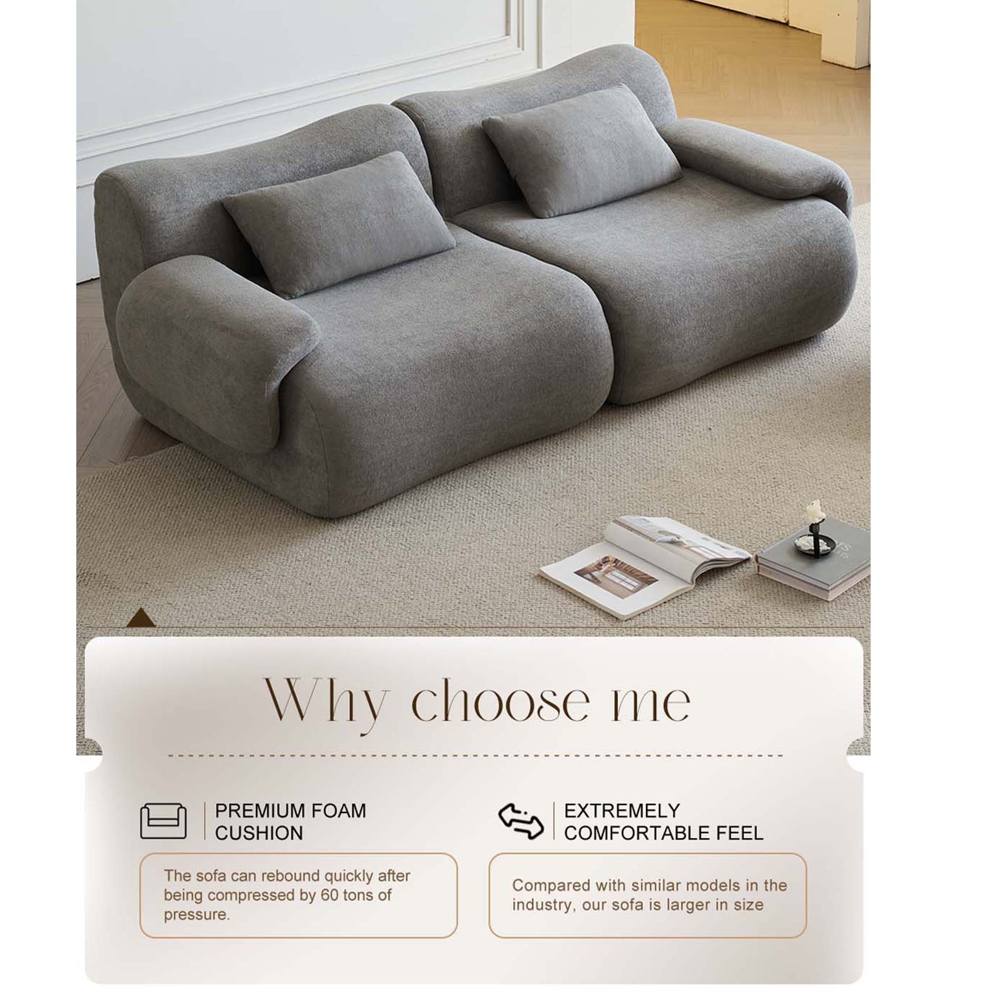 Miniyam 79" Light Grey 2-Seater Couch, Memory Foam Loveseats Modern Compression Sofa with Deep Seat, No Assembly Required Couch for Living Room Bedroom Apartment