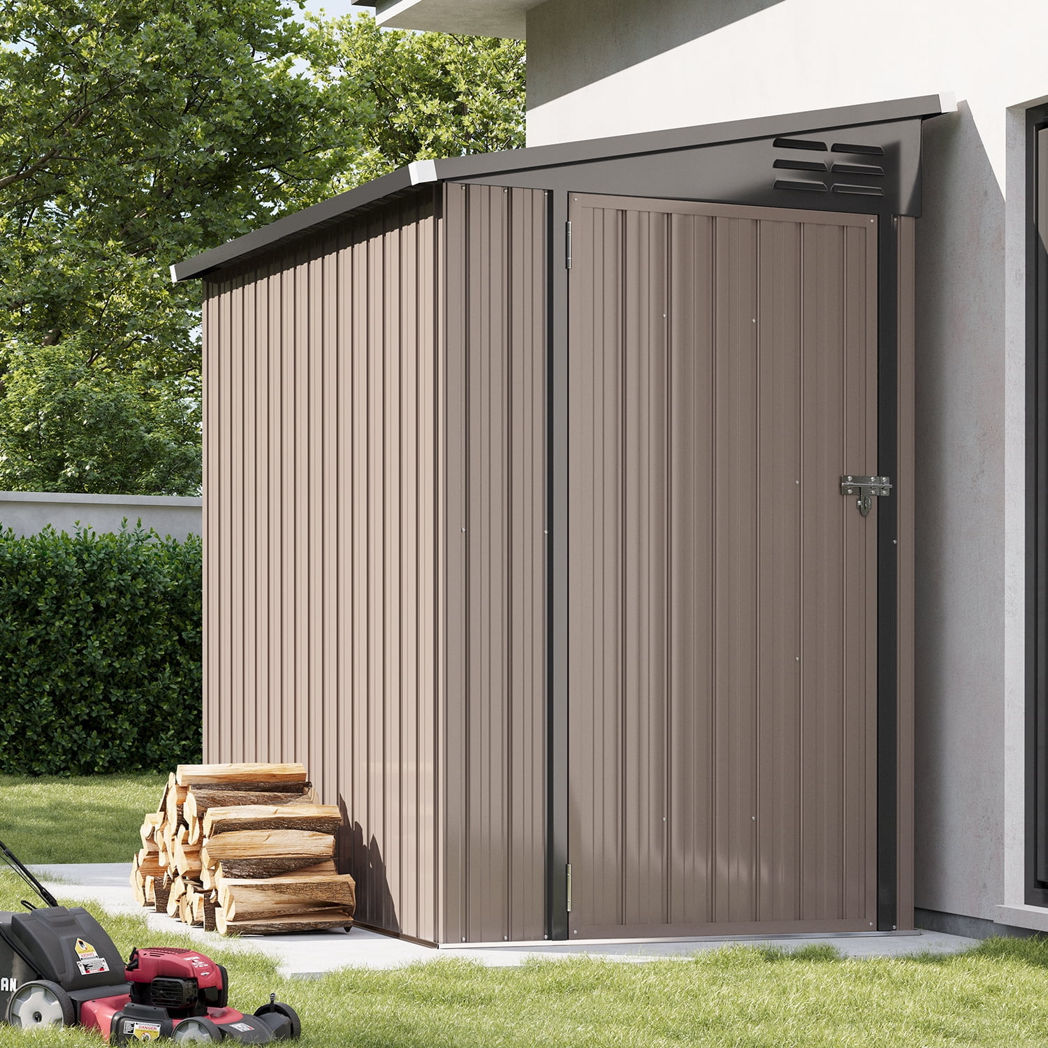 BaPiPro 6x4 ft Outdoor Metal Storage Shed, Lean-To Shed with Lockable Door, Garden Tool Shed for Patio, Backyards, Brown