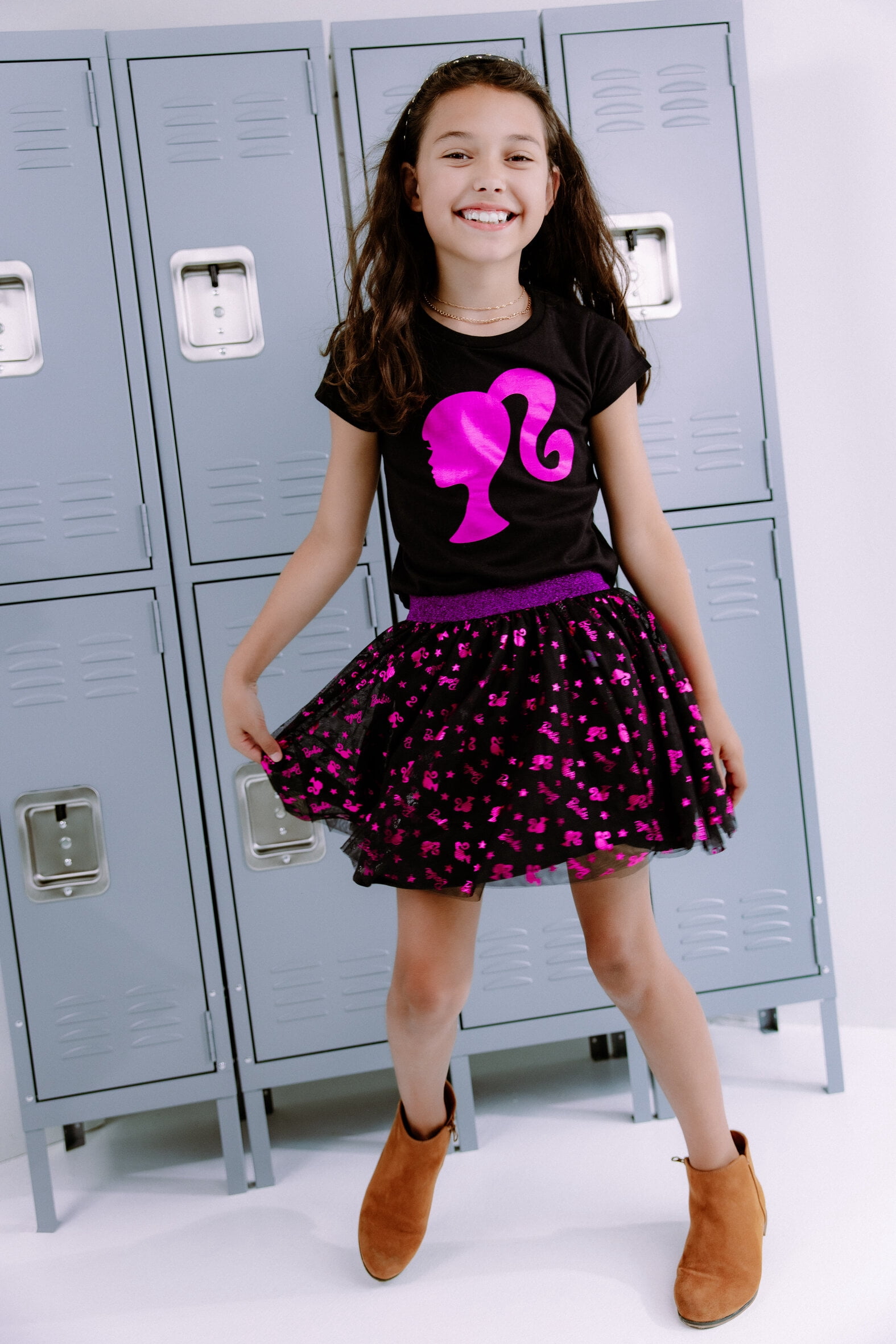 Barbie Metallic Print T-Shirt and Tulle Mesh Skirt Logo Toddler to Big Kid
