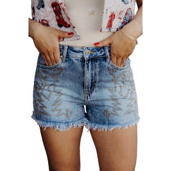 ZhiHiMeRi Dusk Blue Western Studded Denim Shorts for Women – High Waisted Embroidered Shorts for Concerts 16