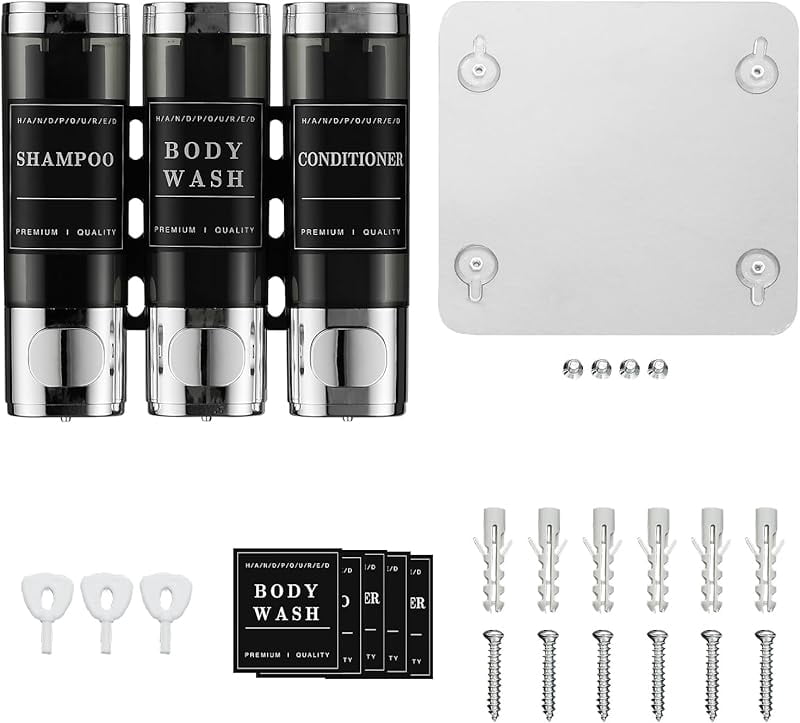 Carmujin 3 Chamber Shower Soap Dispenser, No Drill Wall Mounted Bathroom Organizer