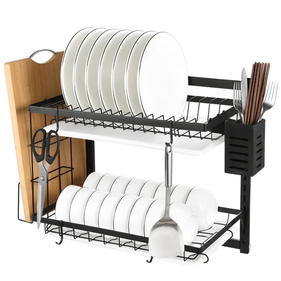 2 Tier Wall Mounted Dish Rack, Large Capacity Hanging Dish Drying Rack Adjustable Heights, Carbon Steel Frame with Cutting Board Holder, Utensil Holder for Kitchen, Black