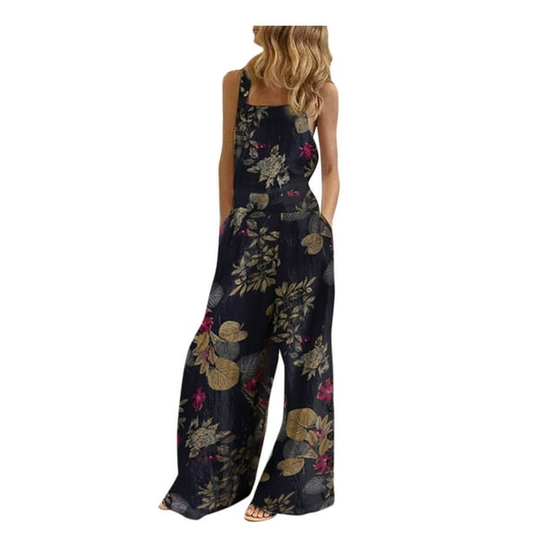 nsendm Womens Pants Female Adult Thin Body Pants Women's Floral Leg Casual  Overalls Jumpsuit Summer Print Bib Sleeveless Wide Women's Body Bodysuit  (Navy, S) 