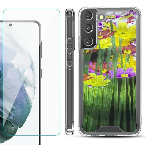 Shockproof Bumper Phone Case for Samsung Galaxy S22 5G, with Tempered Glass Screen Protector, by OneToughShield ® - Dream Flower