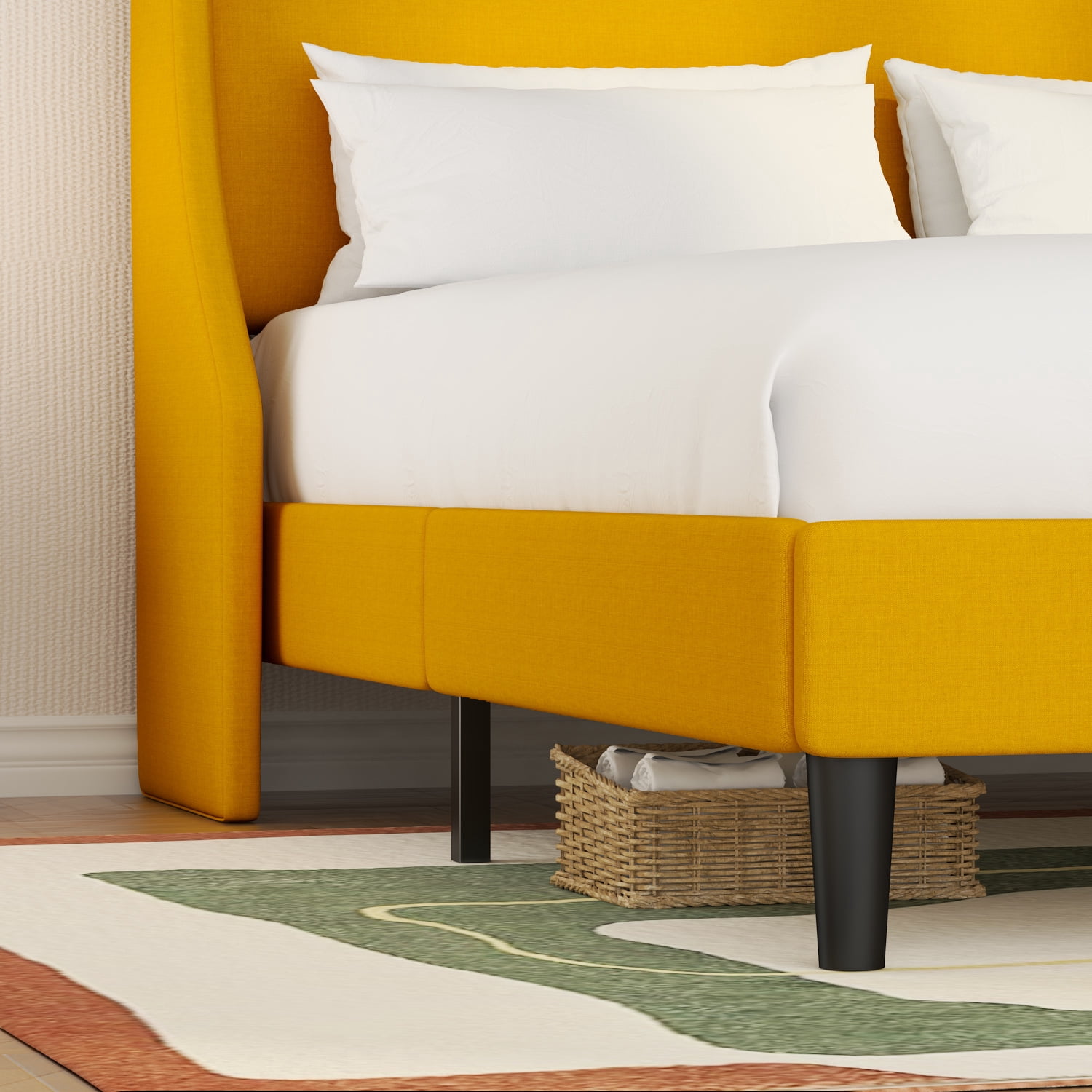 SHA CERLIN Queen Size Upholstered Platform Bed Frame with Wingback Headboard, Yellow, Adults