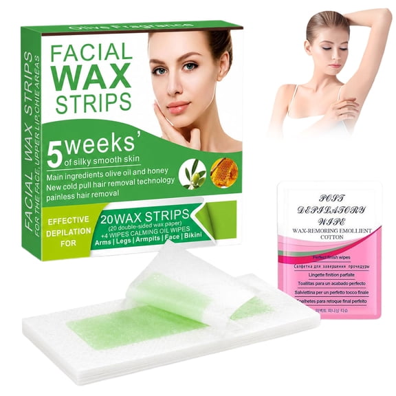 Facial Wax,Strips for Women 98% Natural Cold Wax Strips for Face & Eyebrows, Gentle Hair Removal for Upper Lip Chin Peach Fuzz, 20 Strips + 4 Wipes(1PC)