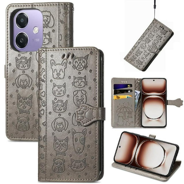 Funda Cartera FOXDOCK para OPPO A3 4G , Flip PU con Relieve de Gatos y Perros, Tarjetero y Soporte