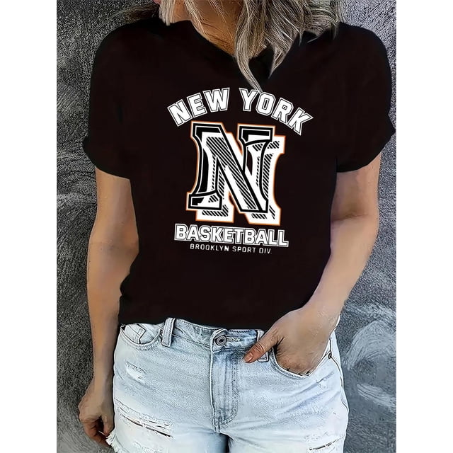 Camiseta De Mujer De Verano Suave Y Ligera Básica Para Llevar Deportes1pc Women'S Casual Crew Neck T-Shirt, New York Basketball Graphic Print, Polyester Knit Fabric, Medium Stretch, All-Season Fashi