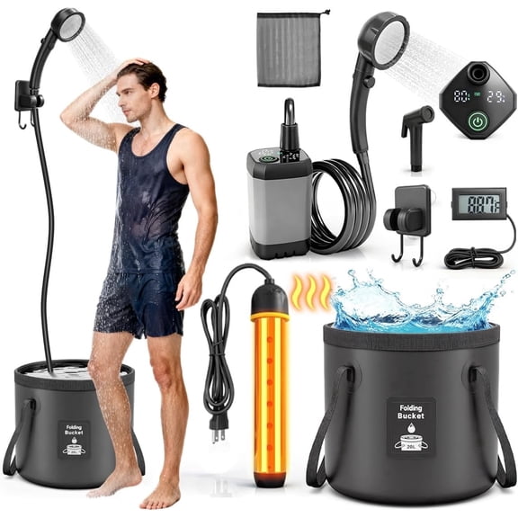 Portable Camping Shower,6000mAh Rechargeable Shower Pump,Large Capacity Foldable Bucket,6' 7" Filtered Shower Head,Summer Beach,Outdoor Camp Showering,Hiking,Pet Bath,RV Car Wash,Water Plant