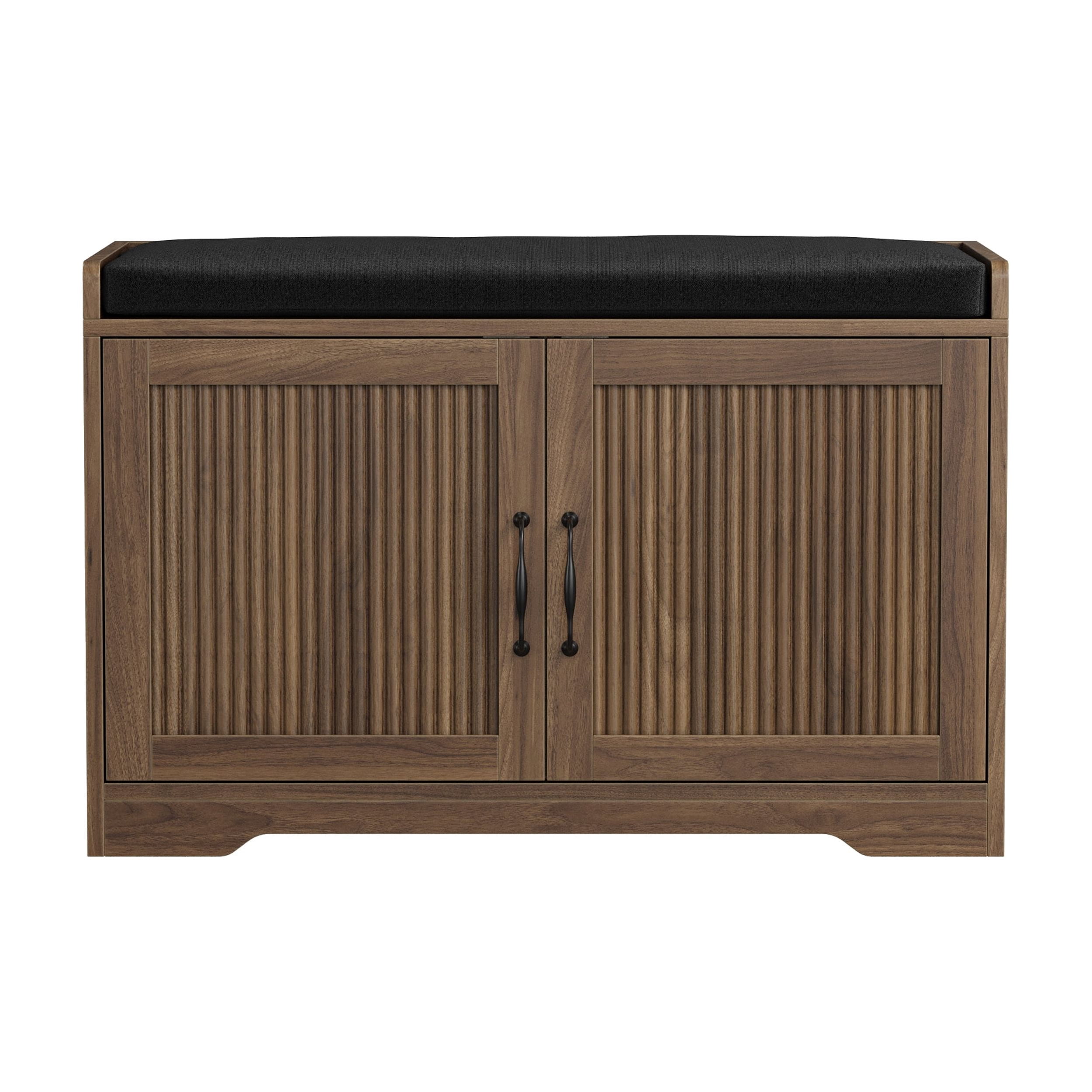 31.5 Inch Walnut Entryway Shoe Storage Bench with Double Doors & Upholstered Cushioned Seat, MDF Hallway Shoe Organizer Bench for Entrance Walk-In Closet