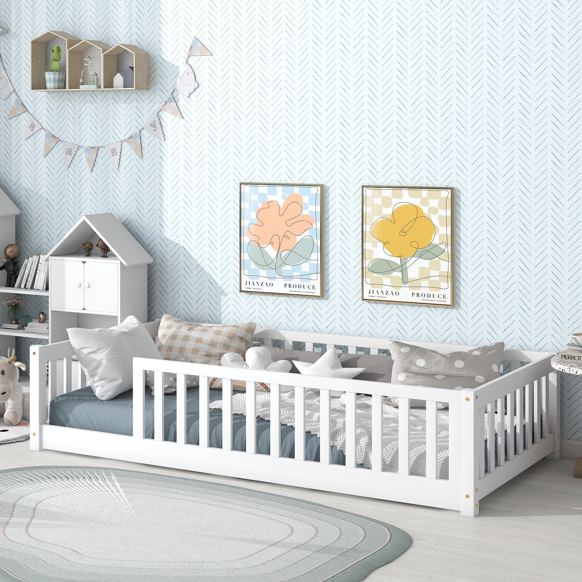 Sailvan Twin Floor Bed with Safety Guardrails,Solid Rubber Wood Fence Kids Bed Frame White