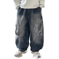 thumbnail image 2 of CUZIBR Baby Pants Boys Thick Lined Warm Denim Cargo Pants Straight Wide Leg Trousers Youth Loose Fit Comfortable Fashion Classic Jeans For Sports Everyday Activities,Blue,13-16 Years, 2 of 6
