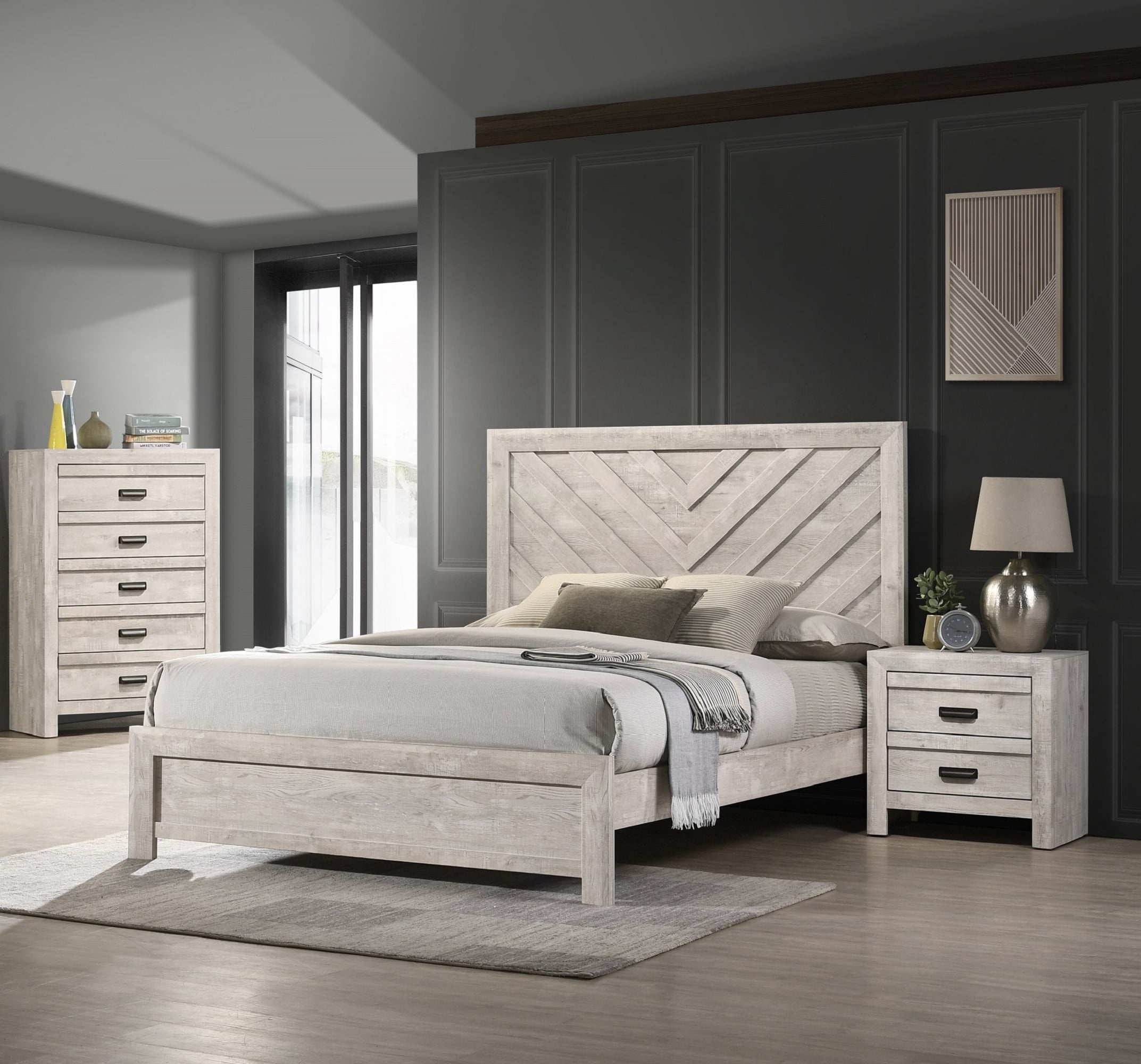 Bed Frame 1pc King Size Bed Rustic Beige Gray Finish Wooden Bedroom Furniture Geometric Design Chevron Pattern