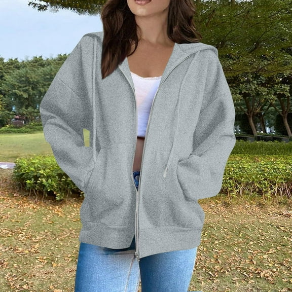 Inglocry Hoodies for Women Long Sleeve Zip Up Fashion Sweatshirts Casual Solid Oversized Fall Lightweight Hooded Jackets Gray 3XL