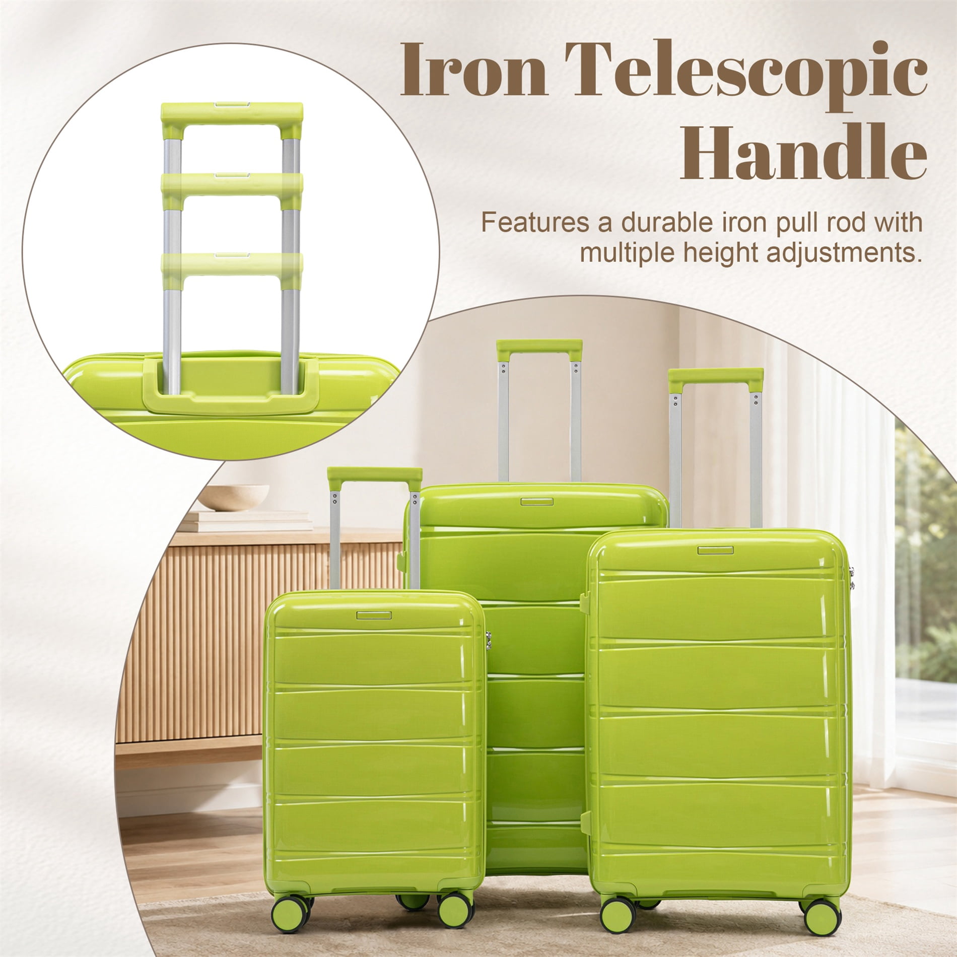 Alvantor 3 Piece Hardshell Luggage Set PP Hardside Suitcase with Iron Telescopic Handle Side Hook 20"24"28"(Green)
