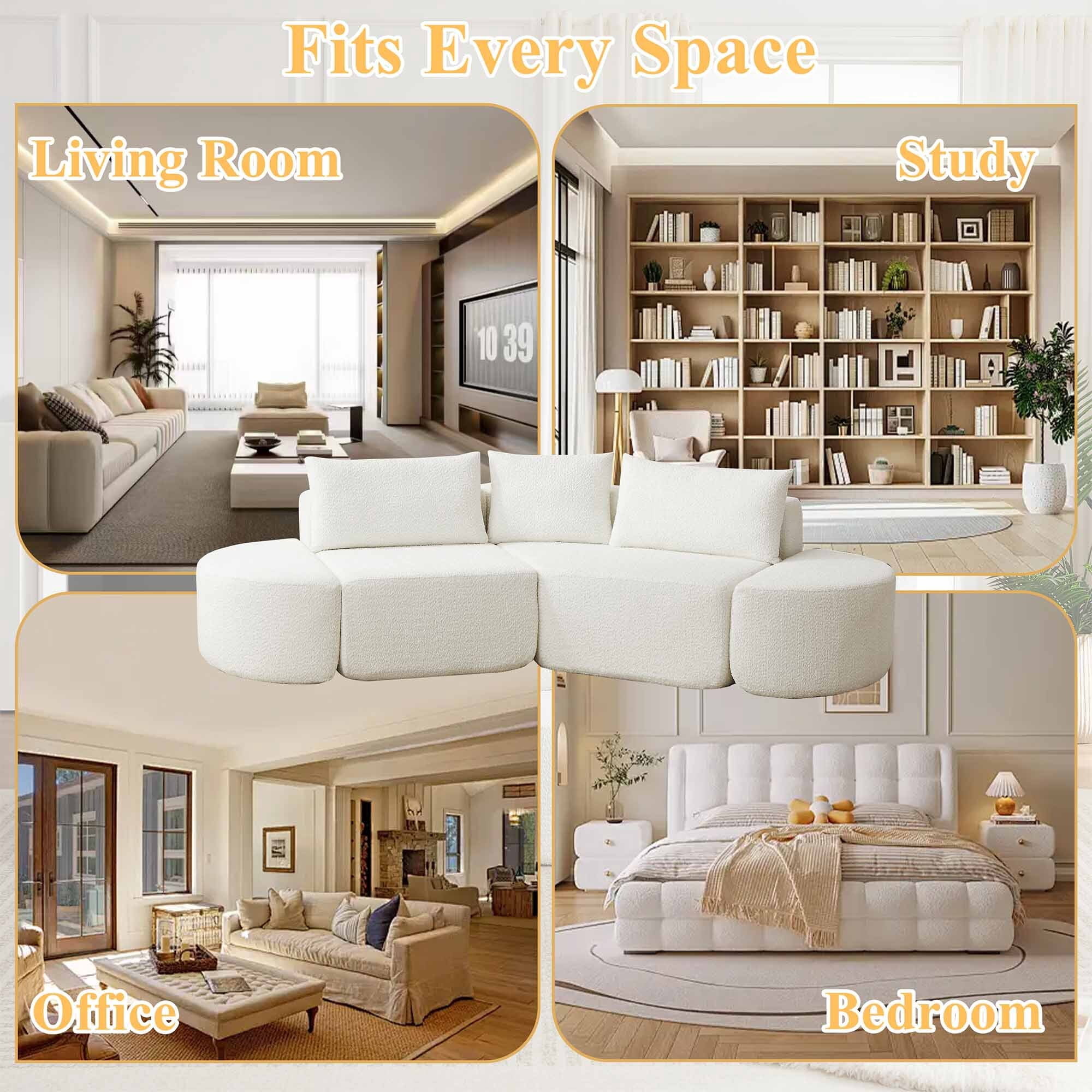 Lunale 106" Oversized Modular Sectional Sofa with 2 Curved Movable Ottomans,Boneless Cloud Couch for Living Room, Beige (Right Chaise)