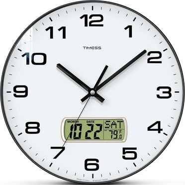 TIMESS 12" Analog Wall Clock with Date Display, Battery Operated Modern Clock for Living Room (Black)