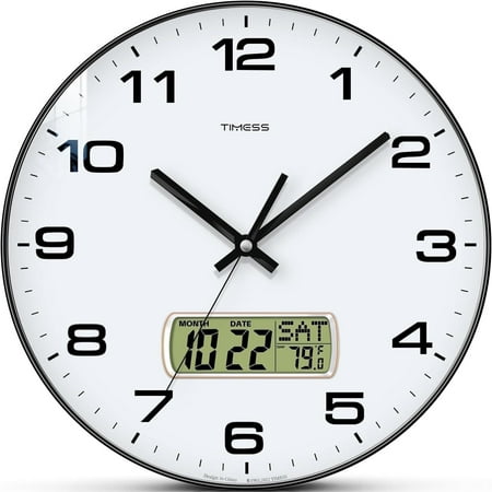 TIMESS 12 Analog Wall Clock with Date Display, Battery Operated Modern Clock for Living Room (Black)