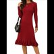 thumbnail image 2 of Vestido de Punto Acanalado para Mujer, Informal, de Larga, Cuello Redondo, Ajustado, Plisado, Estilo Urbano Vino Tinto S, 2 of 10