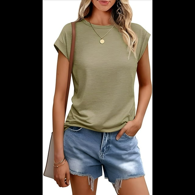 Camiseta de Verano para Mujer, Color Liso, Cuello Redondo, Corta, Verde , L
