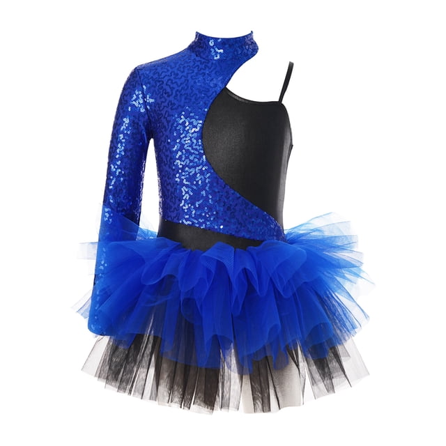 Jowowha Robe Justaucorps de Ballet à Sequins Manches Asymétriques pour Filles Jazz Latin Moderne Patinage Bleu Royal 12