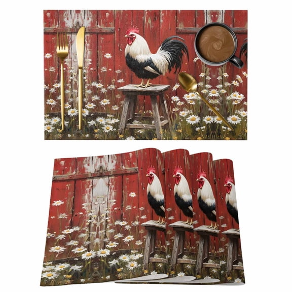 Rustic Farmhouse Placemats Set of 4, Rustic Red Barn Rooster Wildflowers Non-Slip Place Mats Washable Table Mats for Kitchen Dining Table Decorations Indoor/Outdoor