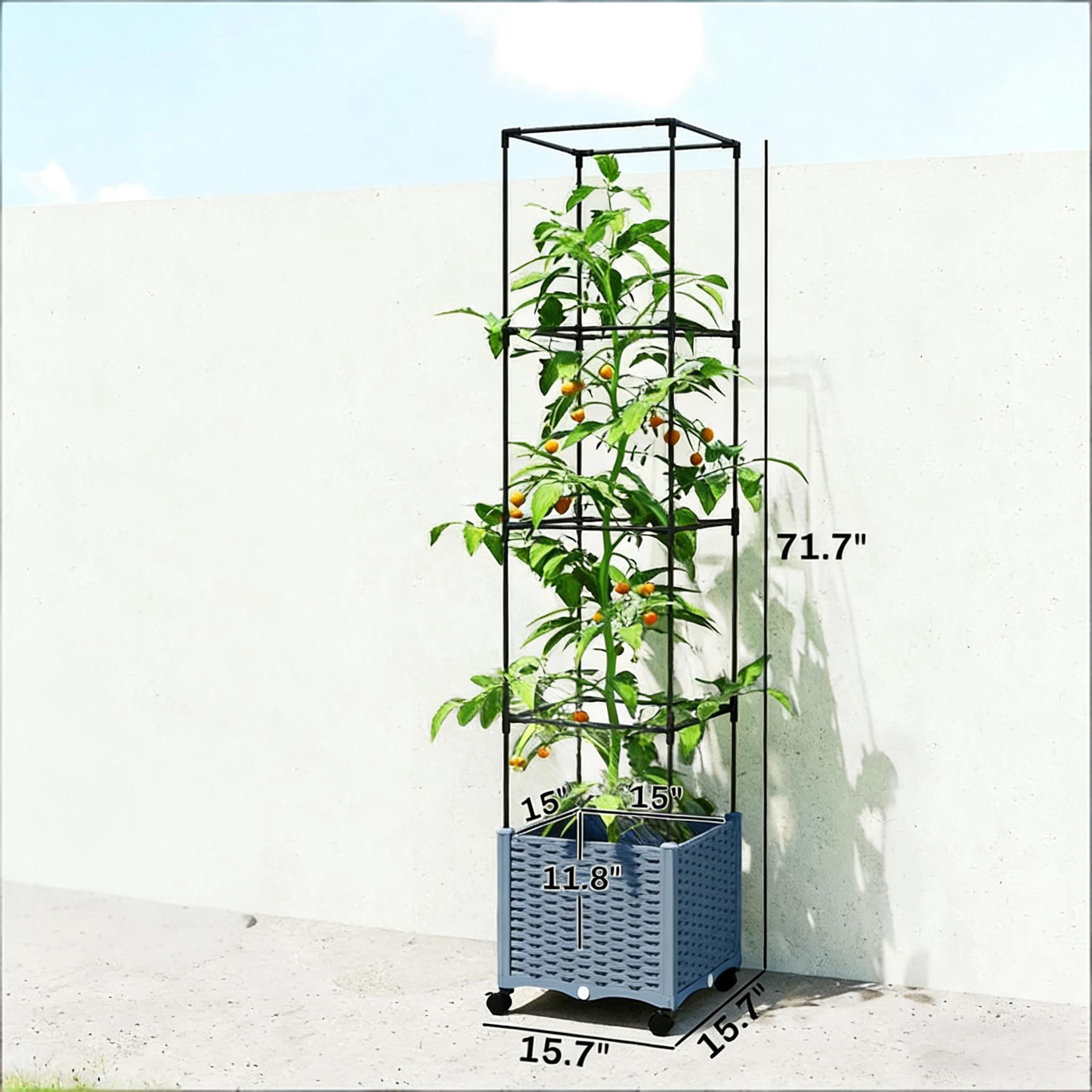Mobile Raised Garden Bed, Adjustable Height Trellis Plant Cage