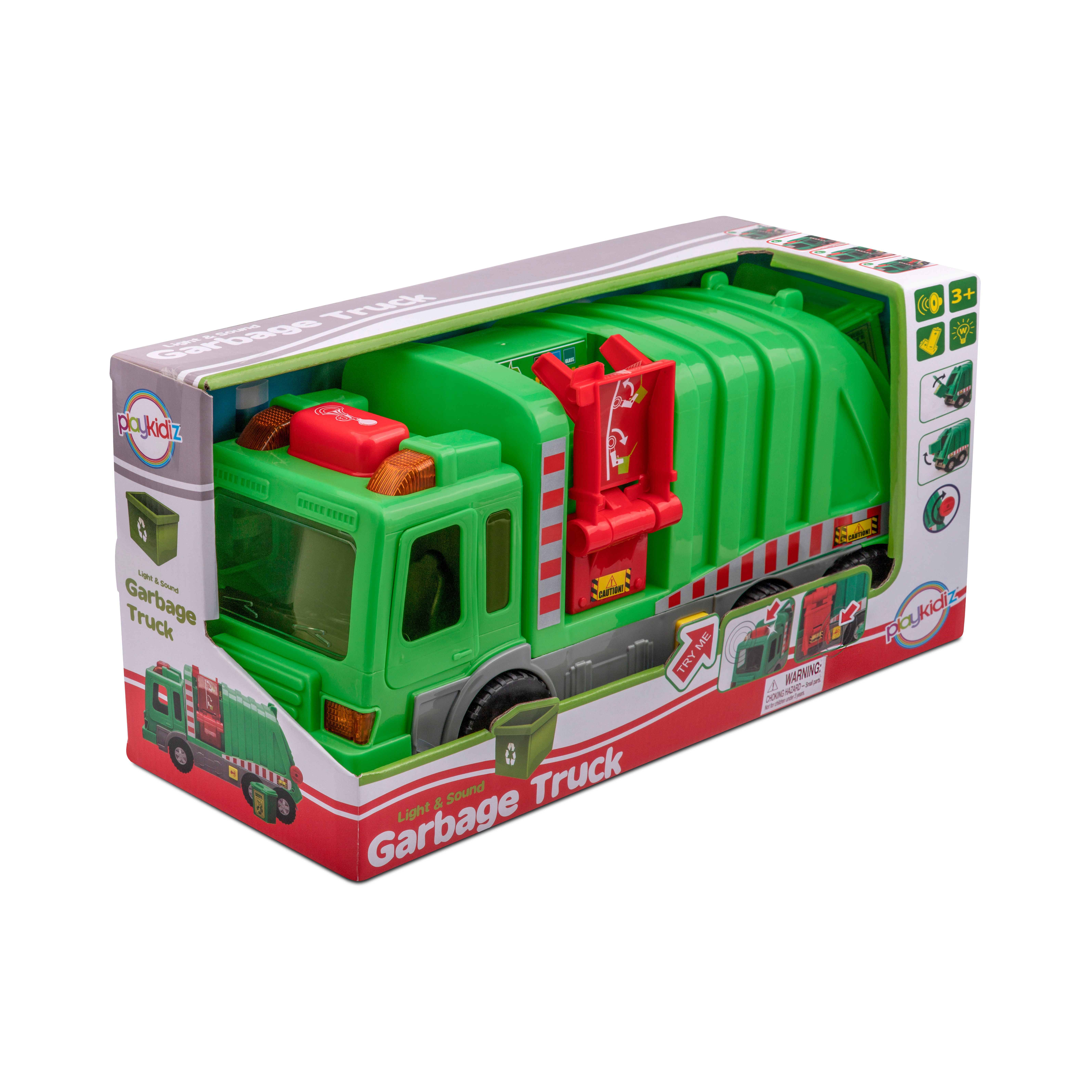 Sounds Playkidiz Kids 15" Garbage Truck Toy with Lights and Manual Trash Lid, 