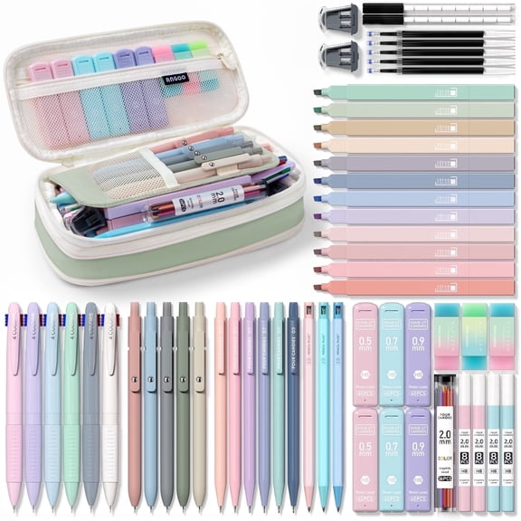 Four Candies 56 PCS Aesthetic Supplies with Large Pencil Case, 6 Colored Ballpoint Pens, 12 Pastel Highlighters, 5 Black Ink Gel Pens, 9 Mechanical Pencils 0.5-2.0mm Essentials (Green)