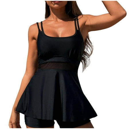Hfyihgf Women s Two Piece Tankini Swimsuits Tummy Control Bathing Suit Mesh Patchwork Flowy Tank Tops with Boyshorts Beachwear(Black S)